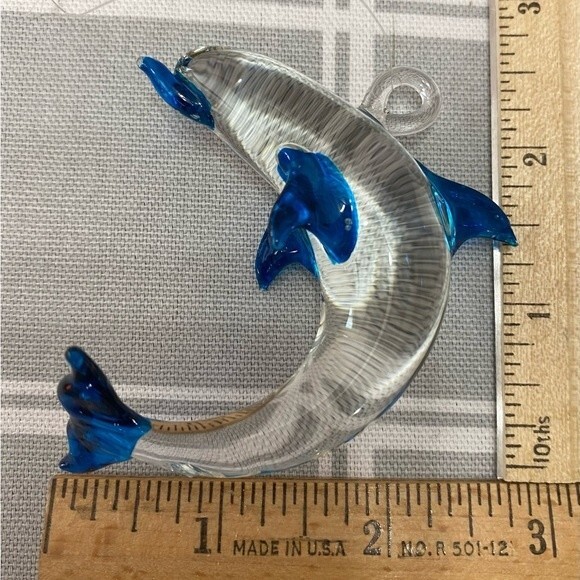 Dolphin Hand Blown Glass Clear & Blue Sun Catcher 2-5/8” x 3” Hanging Ornament - Picture 3 of 6